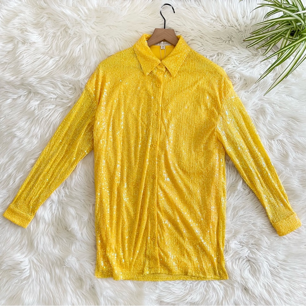 Anthropologie Sequin Tunic Shirt Dress Yellow XS Collared Button NWT - Picture 8 of 16